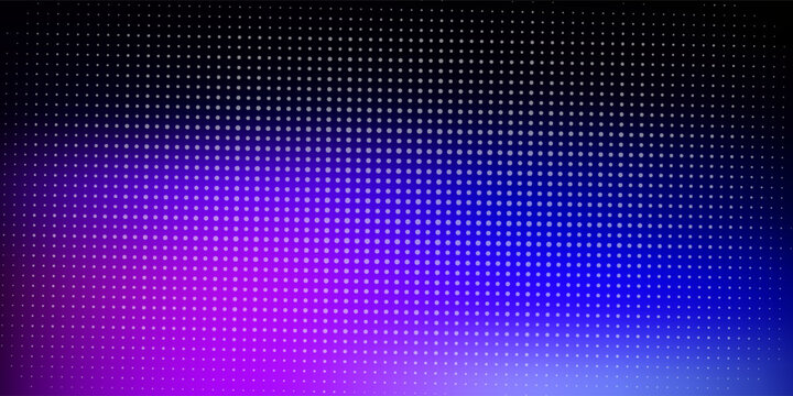 Led wall video screen with blue and purple dot lights on black background. Vector background with grid pattern of pixels for led display. Digital panel with mesh of diode lamps