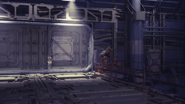 Dim engine access stairwell under cold spotlight near bulkhead door, grated steps, exposed conduits and maintenance ladder, industrial tension and readiness.
