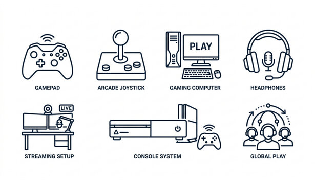 Gaming and Esports Outline Icons Vector Pack with Gamepad Console and PC Symbols
