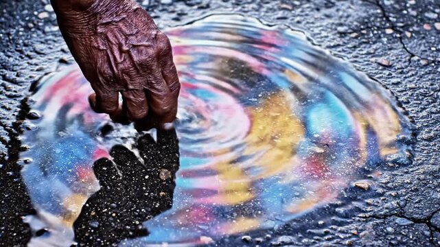 A person's hand touches a colorful oil spill on a wet asphalt surface