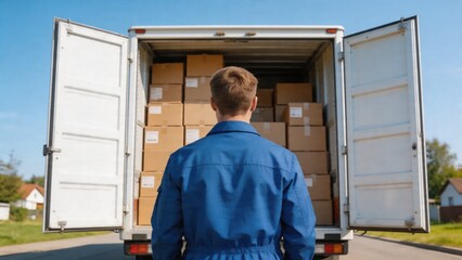 Fototapeta premium A delivery man in a blue uniform stands before an open truck filled with cardboard boxes on a suburban street with houses in the background under a clear blue sky.