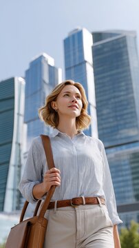 Confident Hispanic businesswoman walking through financial district among modern architecture with natural light and candid movement