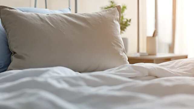 Close-up of a made bed with rumpled white sheets and pillows.