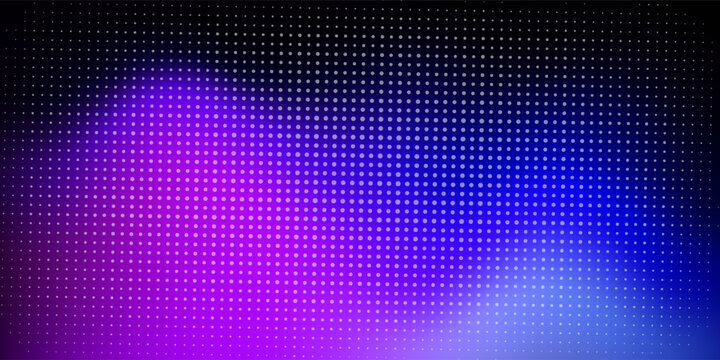 Led wall video screen with blue and purple dot lights on black background. Vector background with grid pattern of pixels for led display. Digital panel with mesh of diode lamps