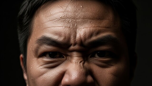 Emotion - Intense Asian Man Furrowed Brow Angry Glare Close Up Portrait Dramatic Dark Background