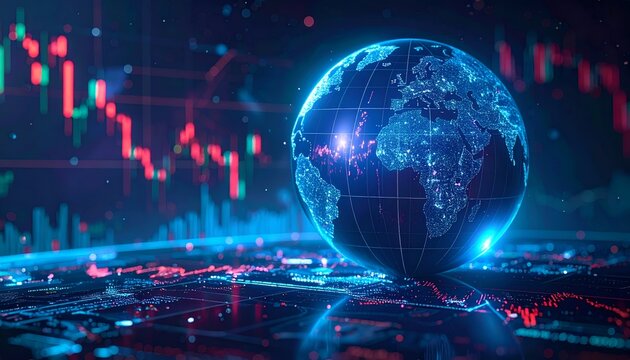Technology-driven globe with stock chart overlay, representing global economy, data visualization, and market performance.