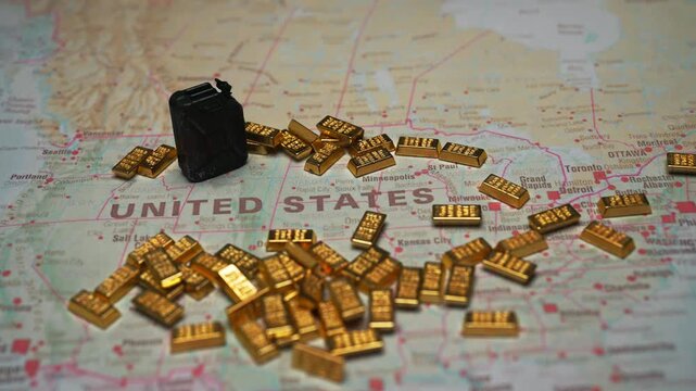 Fuel canister and gold bars on United States map economy concept.