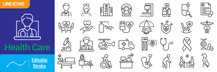 Health care line icon set. editable stroke collection for health care containing hospital, clinic, doctor, nurse, patient, ambulance. © Bee