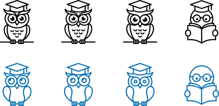 Academic wise owl and student character reading book outline icon set with graduation cap