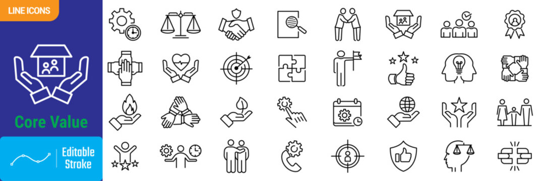 Core value line icon set. editable stroke set for core value containing integrity, honesty, trust, transparency, responsibility, accountability.
