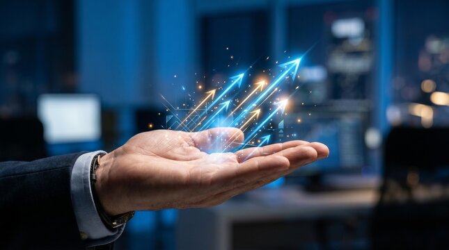 Business Growth and Success concept illustration with upward trending arrows in hand