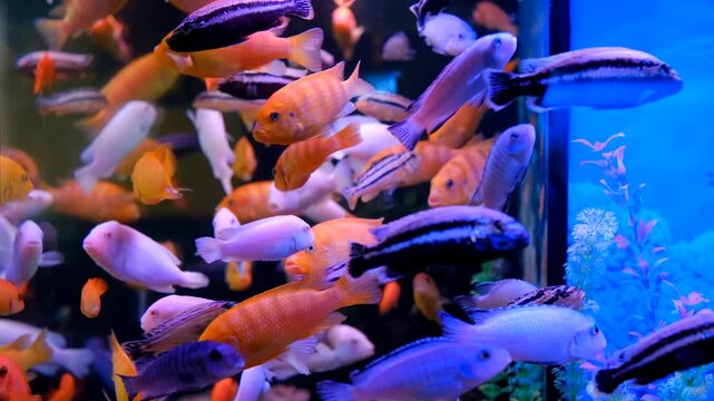 Detailed shot of numerous bright orange and blue tropical fish moving inside a large aquarium.