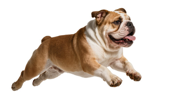 Brown and white bulldog running with tongue out, isolated on transparent background