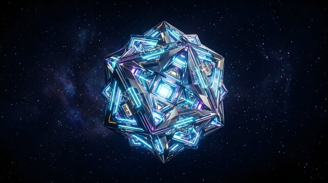 Ornate Futuristic Star Polyhedron Artifact Floating in Cosmic Nebula, High-Tech Sci-Fi Matrix Core with Intricate Blue Neon Lights, Digital Space Art 