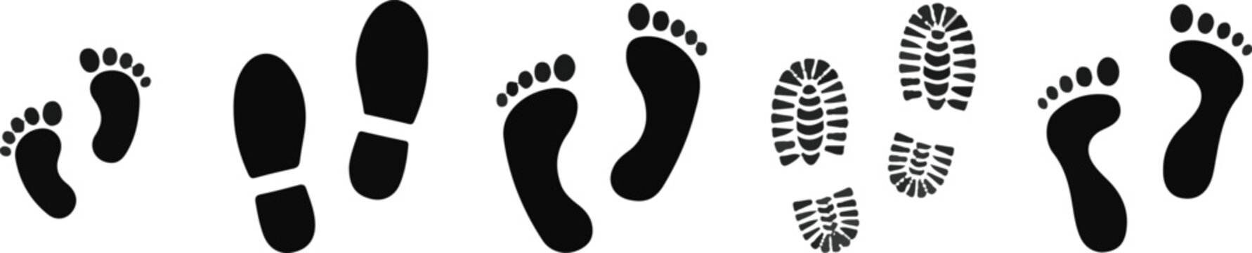 black silhouette footprint icon set with bare feet, baby steps, shoe and boot prints vector clip art