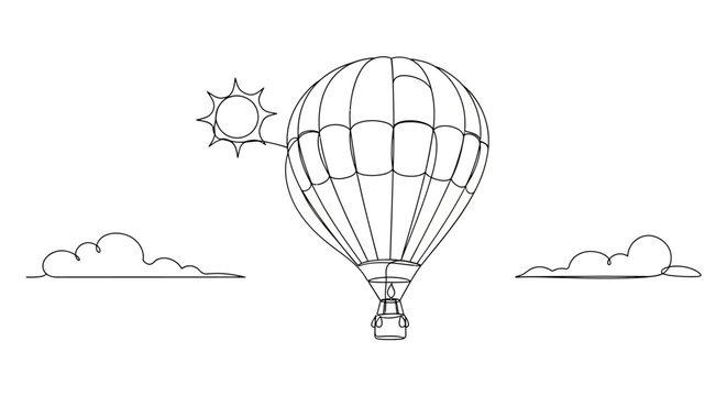 Hot Air Balloon Flying with Sun and Clouds, Outline Drawing