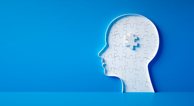 Conceptual artwork showing a 3D silhouette of a head with puzzle pieces, symbolizing mental activity, intelligence, or creativity - 3D illustration on blue background
