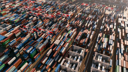 Drone view of shipping containers in a busy industrial port © Viola