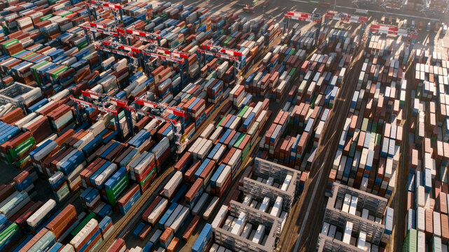 Drone view of shipping containers in a busy industrial port