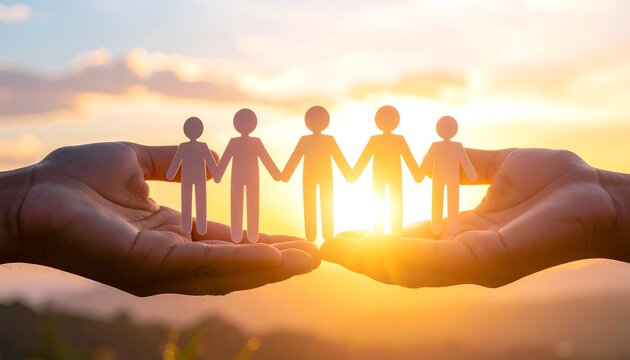Hands cradle paper figures of people holding hands. Sunset glows behind the silhouette of unity