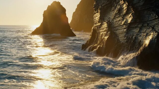 Golden sunset light reflecting on ocean waves crashing against dark, layered coastal cliffs and a silhouetted sea stack in the water, creating spray and foam along the rugged shoreline.
