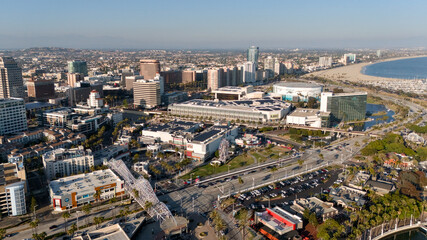 Fototapeta premium Drone view of Long Beach California downtown skyline near the ocean