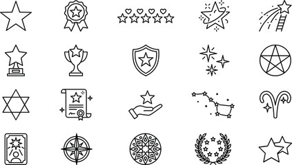 Star rating and magic astrology line icon set with trophy award and constellation elements © MSTJANNATUN