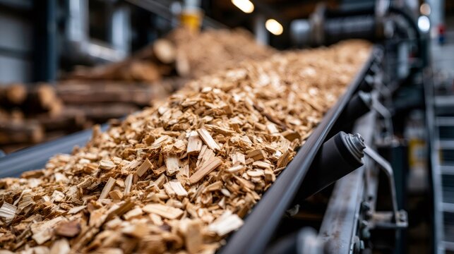 Wood chips moving along industrial conveyor belt in sawmill