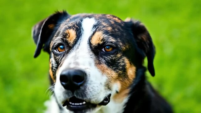 Close up of a dog's face with a dewy nose and open mouth.
