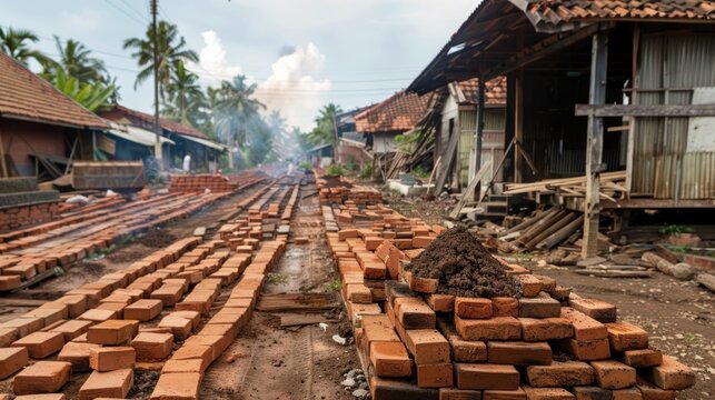 Brick making process with buildings and palm trees in background