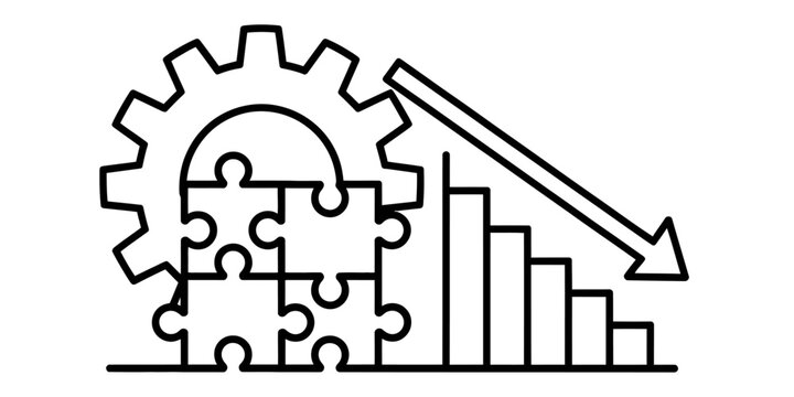 Black outline icon of a gear and jigsaw puzzle pieces with a downward trending bar chart representing business failure or efficiency decline Vector, illustration