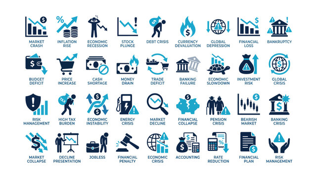 Collection of business and finance crisis related icons and labels on white background