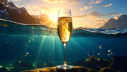 Champagne glass underwater sunrise