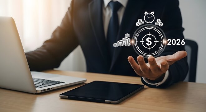 Businessman presenting 2026 financial projections with digital devices