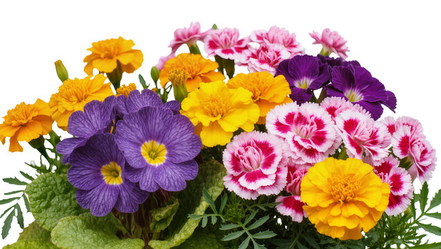 Colorful bouquet of marigolds primroses and carnations, isolated on transparent background