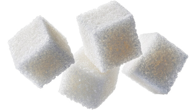 Four granulated sugar cubes tumbling, isolated on transparent background