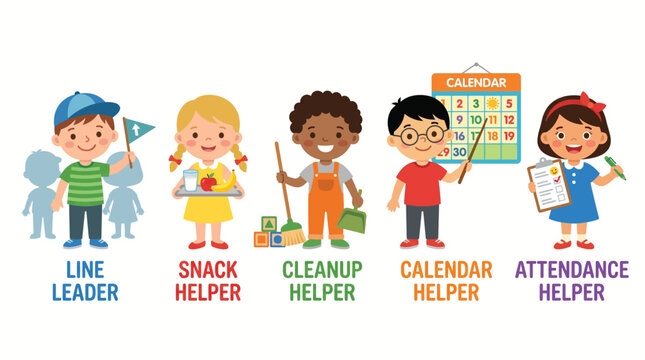 Colorful flat vector visual schedule for preschool and daycare, featuring diverse children actively performing daily helper roles for classroom organization