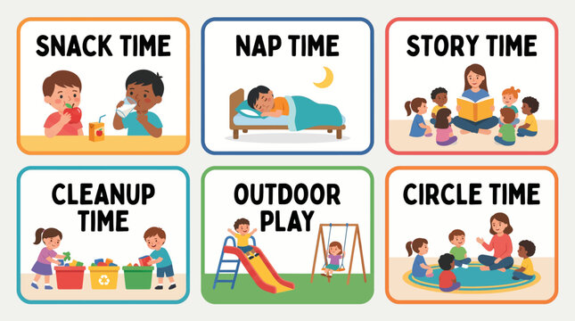 Educational flat vector visual schedule illustrating diverse daily preschool activities for young children in a daycare setting