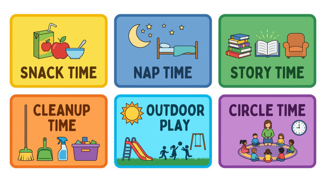 Preschool Daily Schedule A Colorful Flat Vector Illustration of Routine Activities for Young Children Including Snack Time, Nap Time, Story Time, Cleanup Time, Outdoor Play, and Circle Time