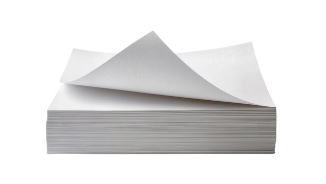 Stack of white paper sheets with one page turned over, isolated on transparent background