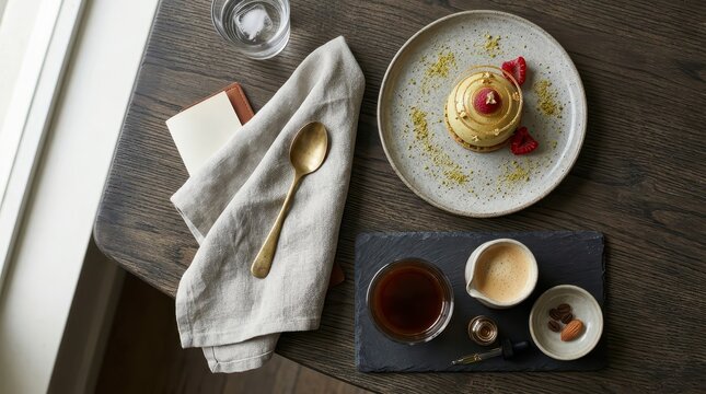 Elegant dessert and coffee setup top view on wooden table