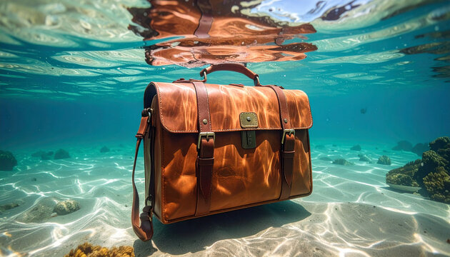 Leather briefcase submerged underwater