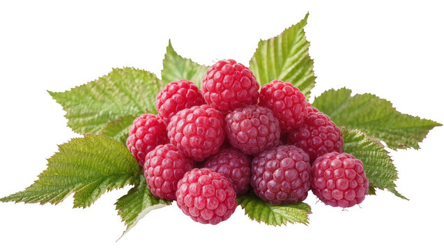 Fresh red raspberries with green leaves, isolated on transparent background