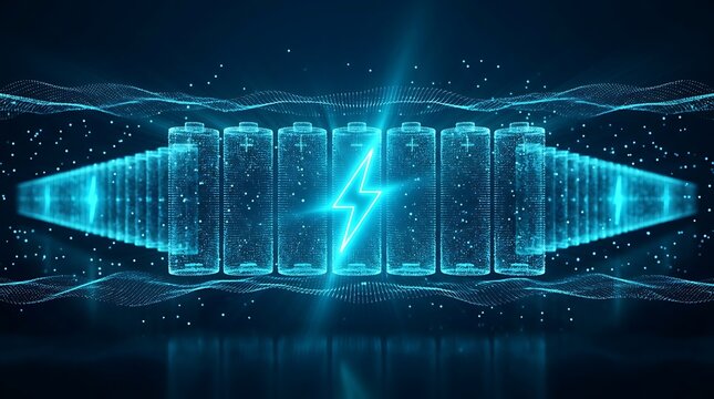 Konsep Energi Digital: Barisan Baterai Elektronik Bersinar dengan Petir Biru Neon di Latar Belakang Teknologi Gelap