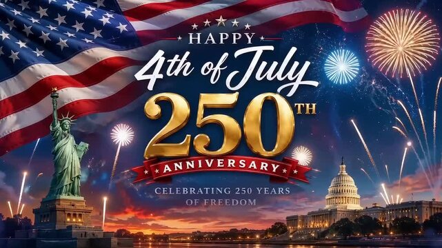 Happy 4th of July greeting, lettering 250th Anniversary Celebrating  Freedom 1776 to 2026 Independence Day America, US, USA