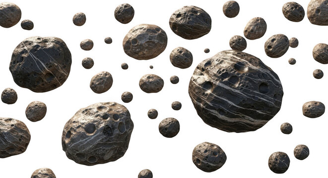 A field of floating grey asteroids with cratered surfaces and white mineral veins isolated on a solid black background