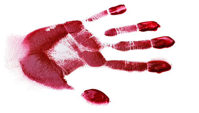 Bloody handprint with dripping red liquid, isolated on transparent background