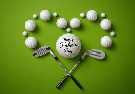 Happy fathers day golf theme with balls and clubs isolated on white background