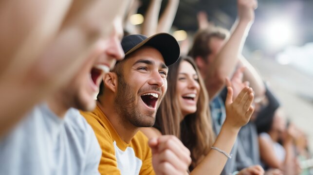 Cheering sports fans celebrating in stadium crowd
