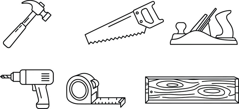 Line of carpentry tools and wood, including hammer, saw, plane, drill, tape measure, and plank